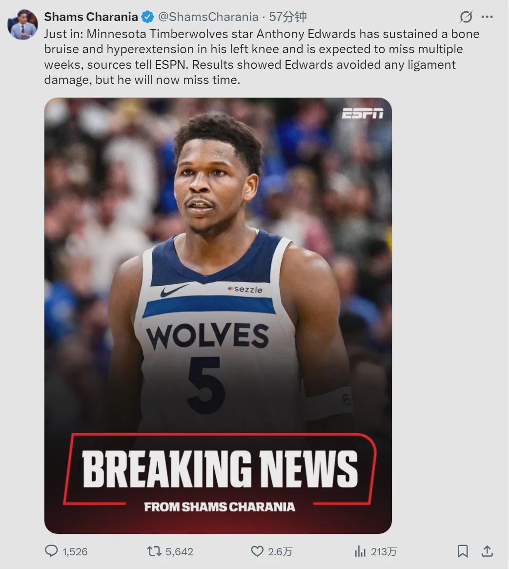 开云-不打了！爱德华兹左膝受伤！季后赛首轮正式报销