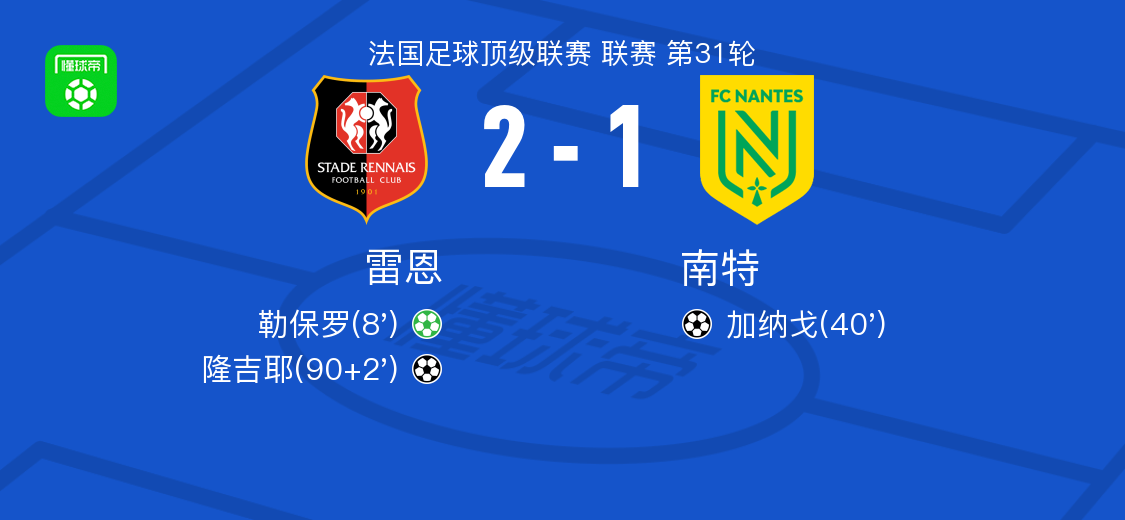 开云体育平台-雷恩2-1南特，隆吉耶破门，勒保罗点射